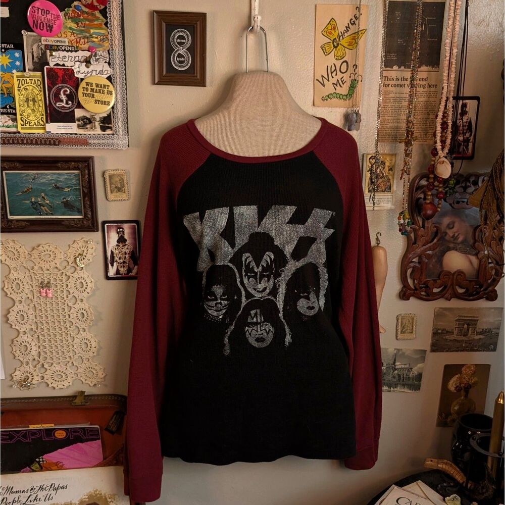 Kiss Band Graphic Thermal Long Sleeve T-Shirt Men's Large/XL Black Red Raglan